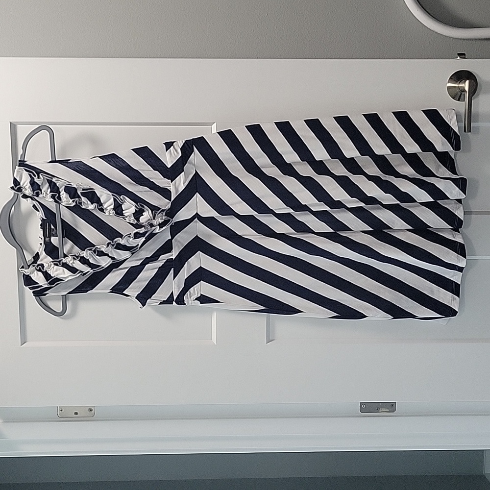 Summer Ruffle neck dress in Navy and White strip, Size Large
